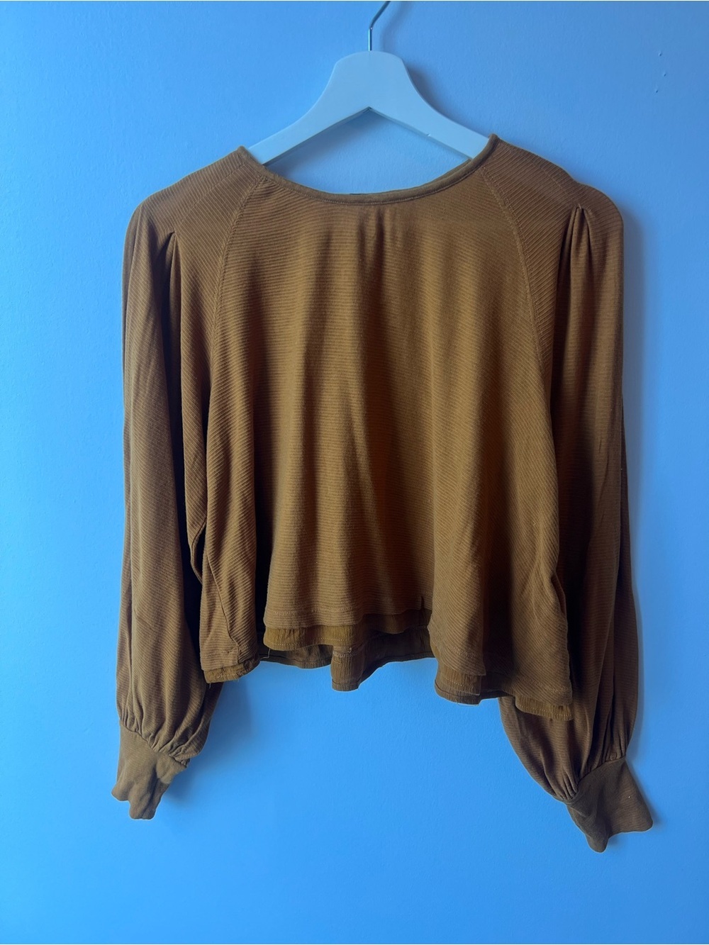 Free People Billie Ribbed Balloon Long Sleeve Blouse Brown Top Small Mustard - Picture 4 of 10